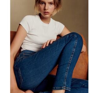 Sezane Slim High Waisted Skinny Jeans Dark Indigo Raw Hem Size 28